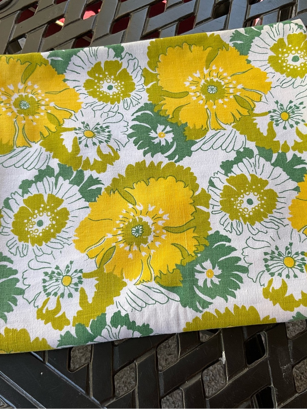 Vintage Yellow Green and White Floral Tablecloth